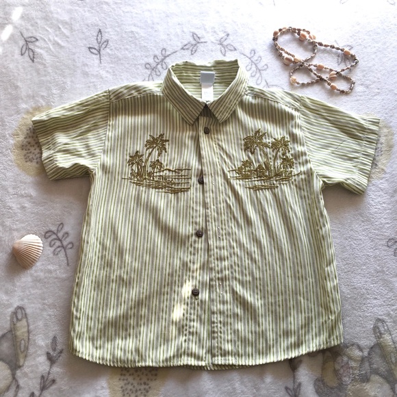 Boys Green Striped Button Down Polo Sz 7 - Picture 2 of 7